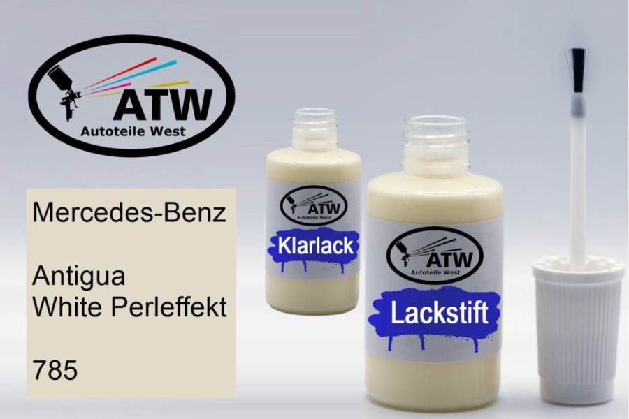 Mercedes-Benz, Antigua White Perleffekt, 785: 20ml Lackstift + 20ml Klarlack - Set, von ATW Autoteile West.